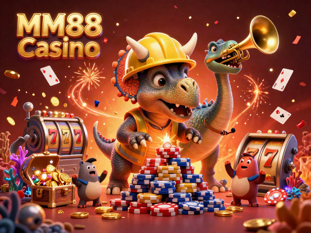 Join the fun at MM88 Casino, where a triceratops builds poker chips amidst colorful casino elements.