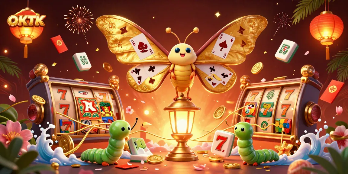 Engage in OKTK action with vibrant 3D casino themes featuring exquisite golden moths and colorful game elements.