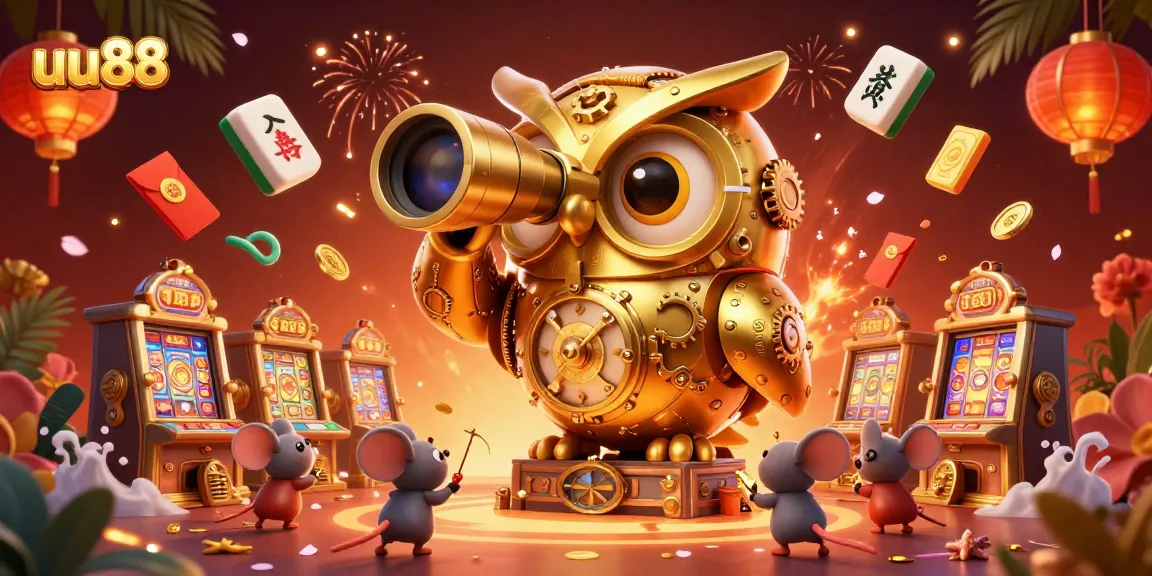 Play captivating games at uu88, where a clockwork owl oversees thrilling casino activities with vibrant graphics.