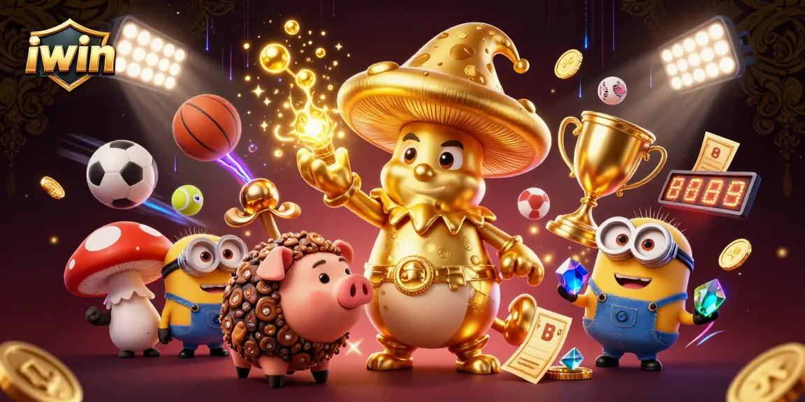 Win big with iwin in this vibrant, magical gaming scene filled with sports excitement.