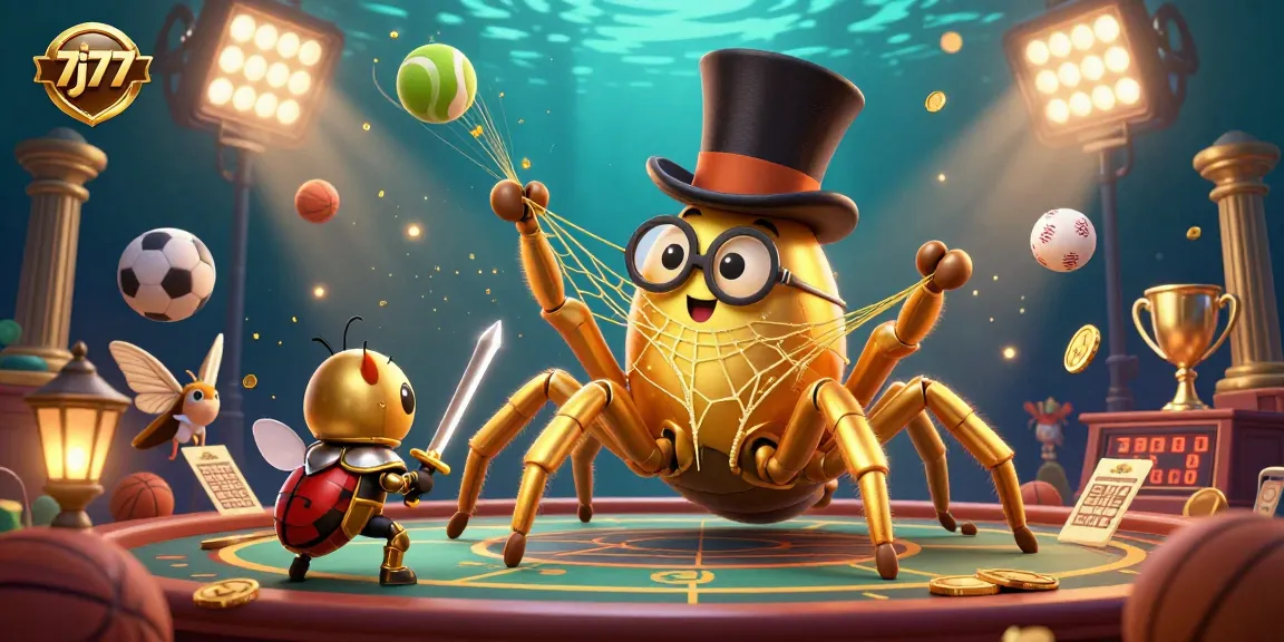 Experience a dynamic casino atmosphere with 7j77 showcasing a golden tarantula and beetle knight amidst vibrant sports elements.