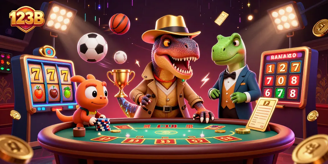 123B casino scene with a velociraptor card counter, stegosaurus boss, and fun casino elements.