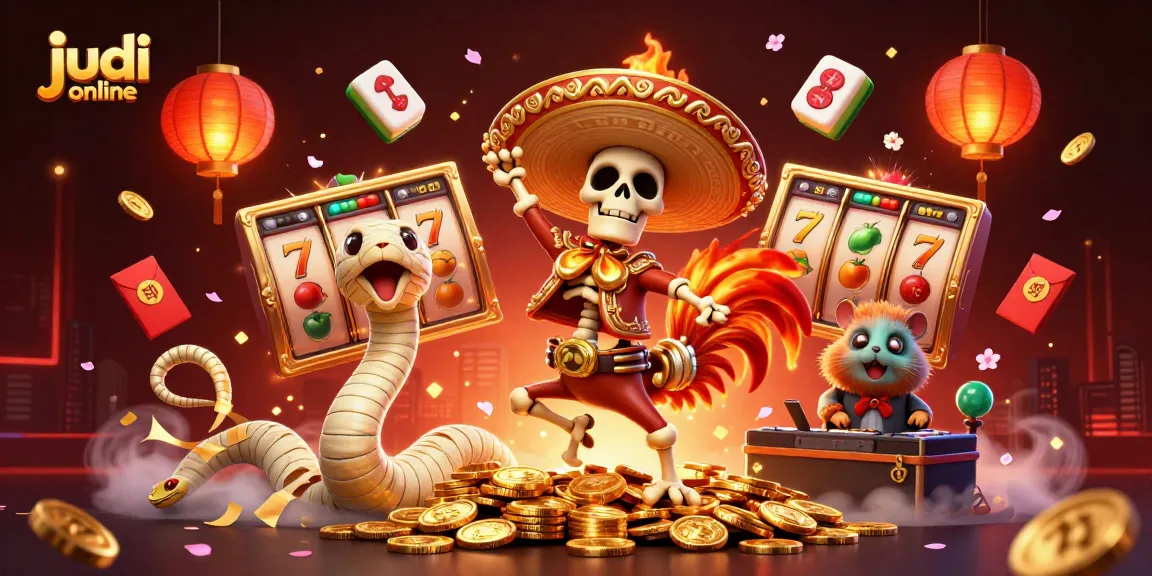 Experience thrilling judi online fun with vibrant 3D illustration of a celebratory casino scene.