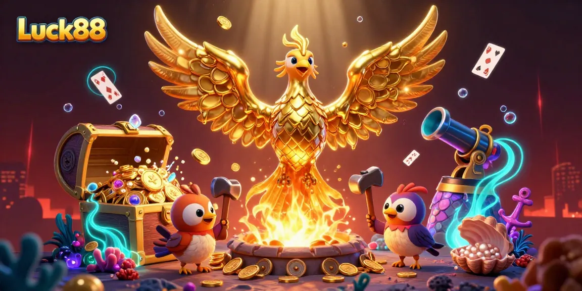 Spin and win with Luck88, featuring a molten gold phoenix and treasures in an exciting casino scene.