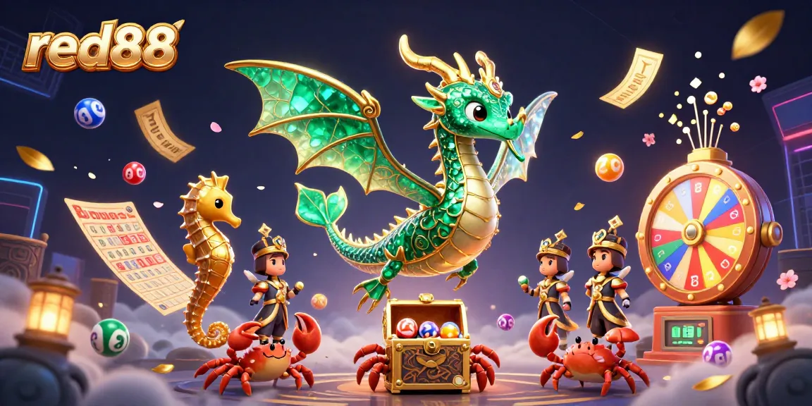 Spin with red88's vibrant sea dragon amid colorful lottery elements and golden treasures.