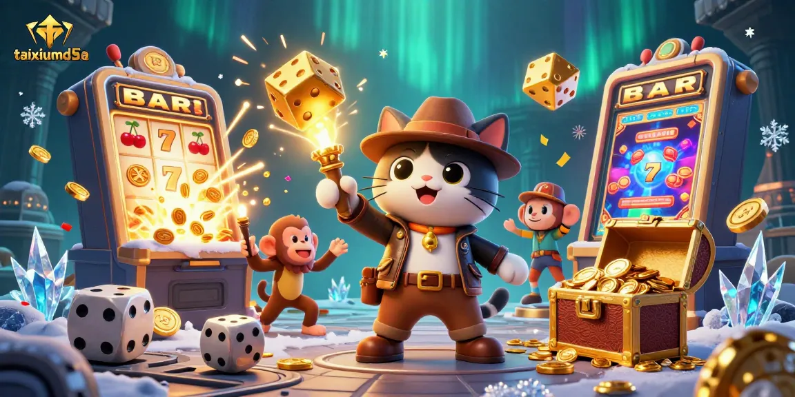 Engage with taixiumd5a as the charming explorer cat uncovers a golden casino artifact amidst colorful game elements.