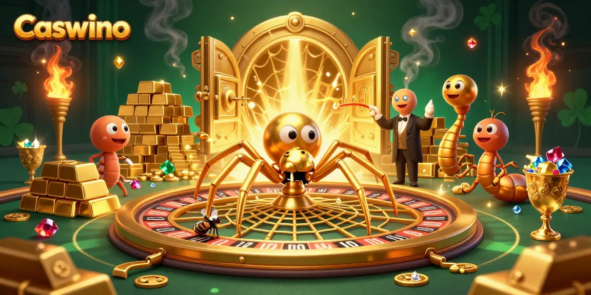 Caswino casino illustration featuring a golden spider, fly, and centipede amidst vibrant, rich casino elements.