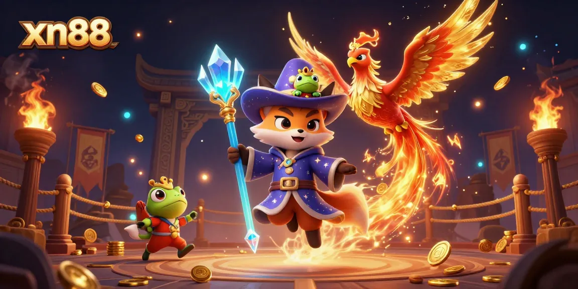 Experience the thrilling magic of xn88 with an enchanting wizard fox and phoenix in a bustling casino.