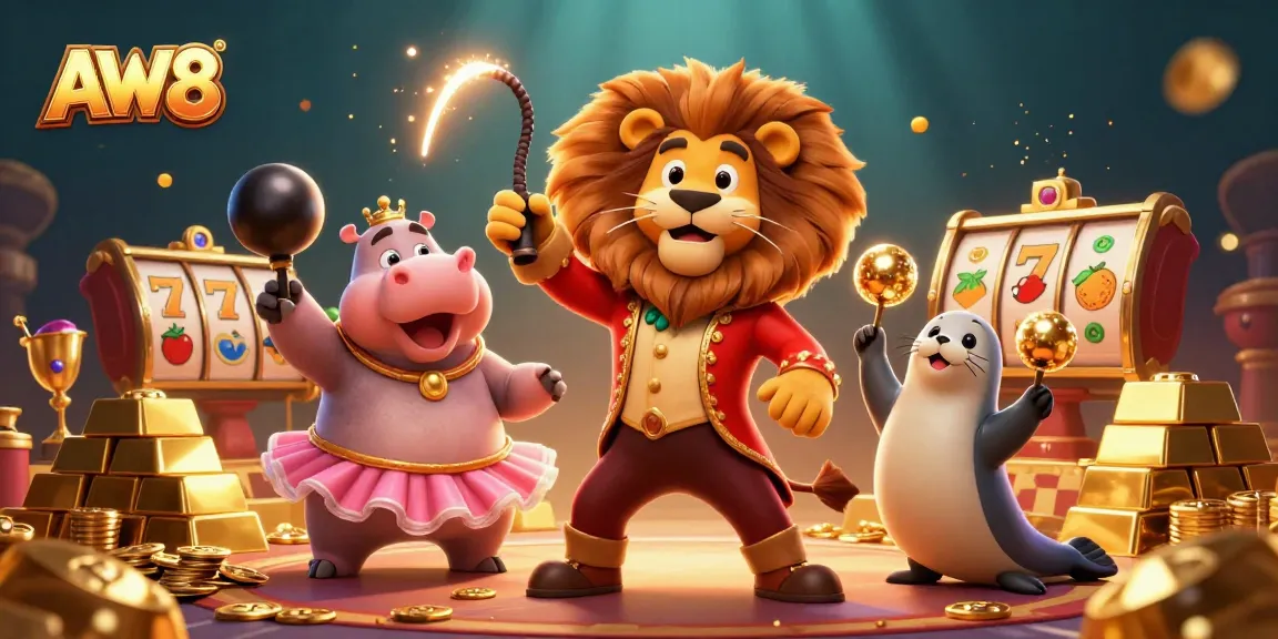 Engage with AW8's dynamic gambling scene featuring cartoon characters in action among gold and slot reels.