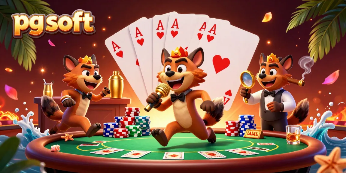 Engaging 3D hyena casino scene showcasing pg soft with comedians, bartenders, and poker elements in vibrant colors.