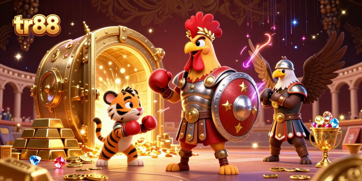 Experience the thrill of tr88 with an energetic gladiator rooster, treasure, and jewels in a dynamic casino scene.