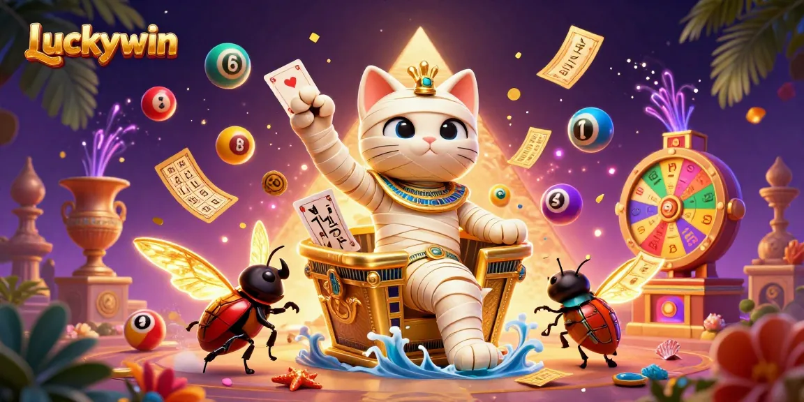 Spin for wins at Luckywin with a vibrant scene featuring cartoon mummy cat and prizes.