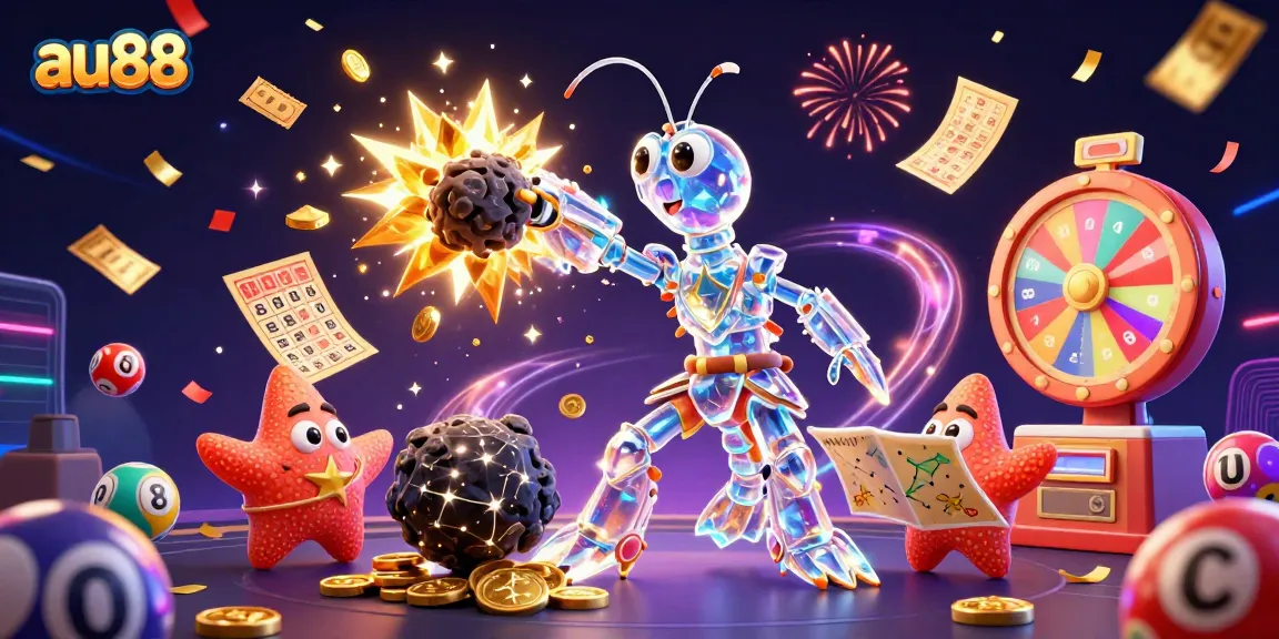 Experience the thrill of gambling with au88's vibrant 3D illustration showcasing galactic characters amid a celebration of wins.