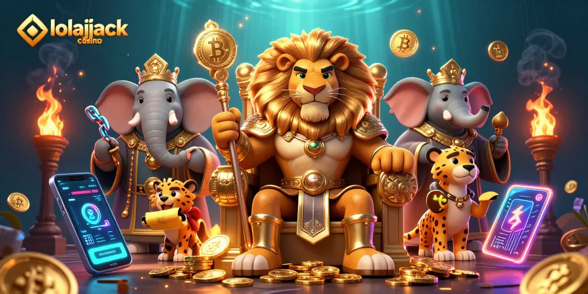 Experience the thrill of gaming at lolajack casino with a vibrant 3D illustration of regal characters and crypto elements.