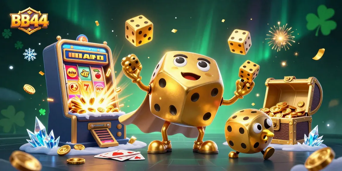 BB44 casino-themed illustration showcasing golden dice, slot machines, and lively gaming elements.
