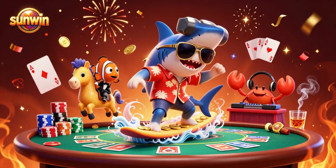 Experience the excitement of sunwin with vibrant 3D characters against a lively casino backdrop.
