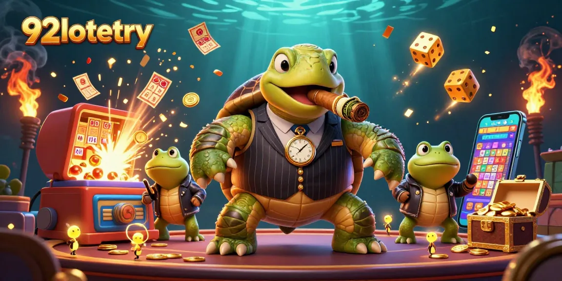 Engage with 92lottery's thrilling lottery game featuring a snappy turtle, bullfrog enforcers, and vibrant visuals.