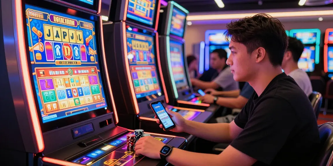 Engaging gaming scene highlighting situs judi slot player with chips and vibrant screen in modern casino.