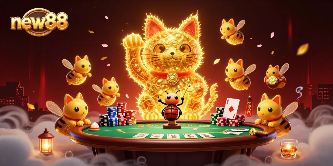 Experience new88's dynamic casino atmosphere with a lucky cat and vibrant poker elements.