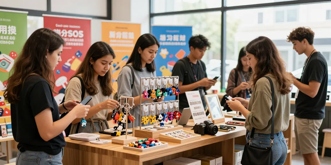 Customers selecting custom keychains from a vibrant retail display, showcasing unique designs and promotional offers.