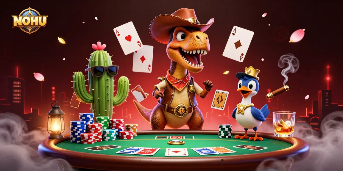 Play poker with NOHU as a 3D dinosaur cowboy and friends in a colorful casino scene.