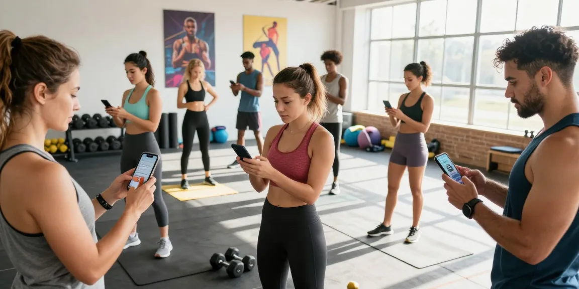 Group fitness enthusiasts using the best AI macro tracker apps to analyze nutrition goals during a lively training session.