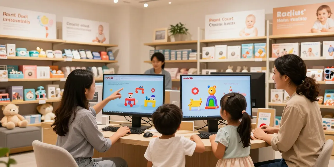 Engaging family shopping at rokok88 e-commerce store showcasing vibrant toys and baby products.