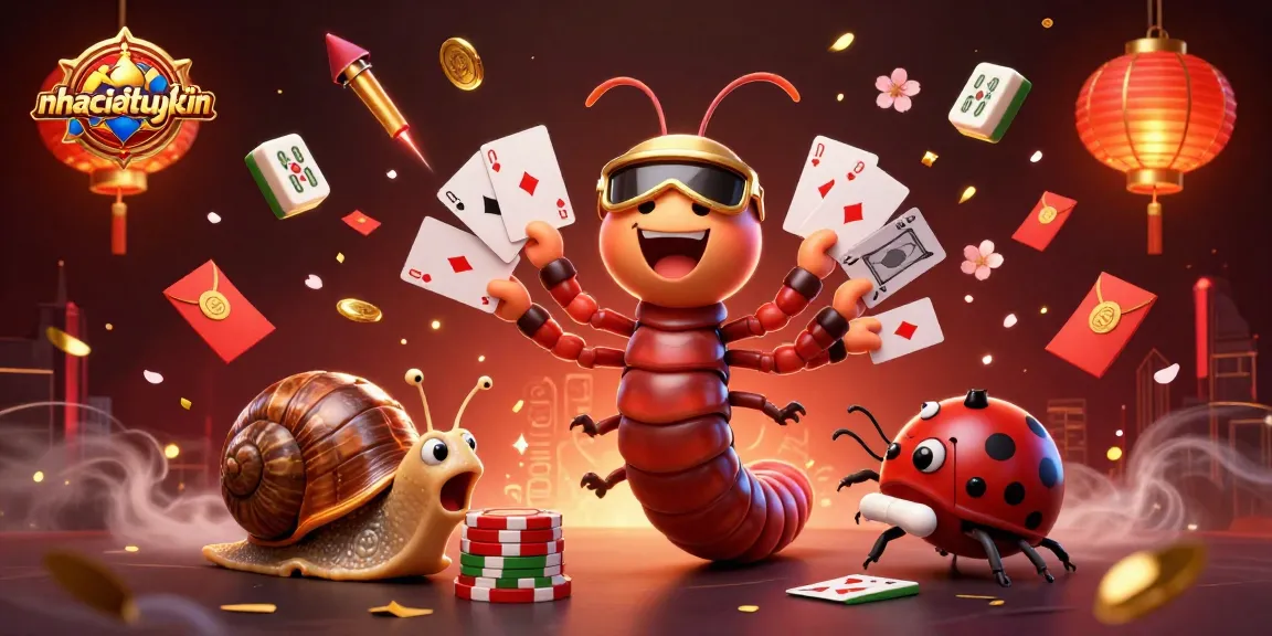 Experience the thrilling action of nhacaibetuytin with a colorful casino scene showing a millipede dealer, high-roller, and festive elements.