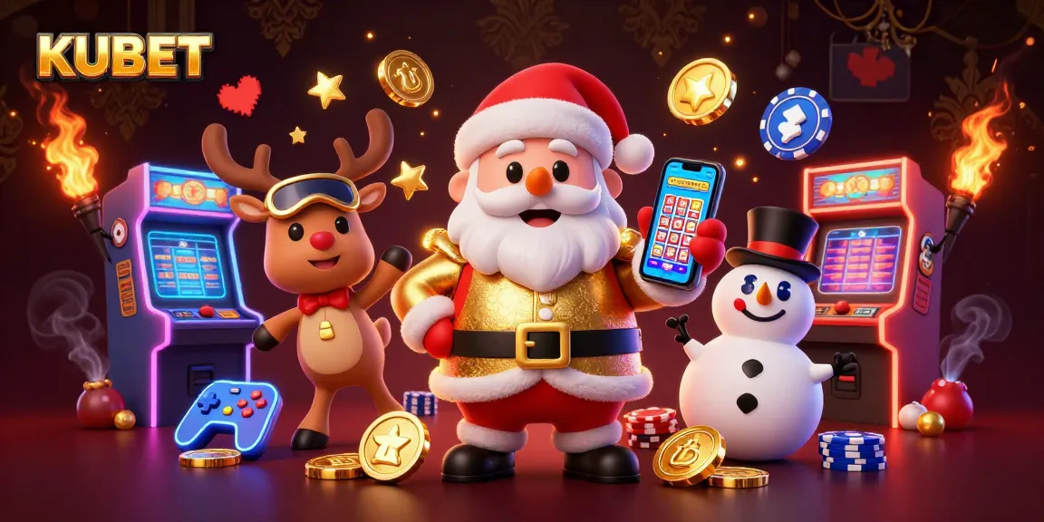 KUBET offers exciting gaming experiences with a cartoon Santa and casino elements in a vibrant scene.