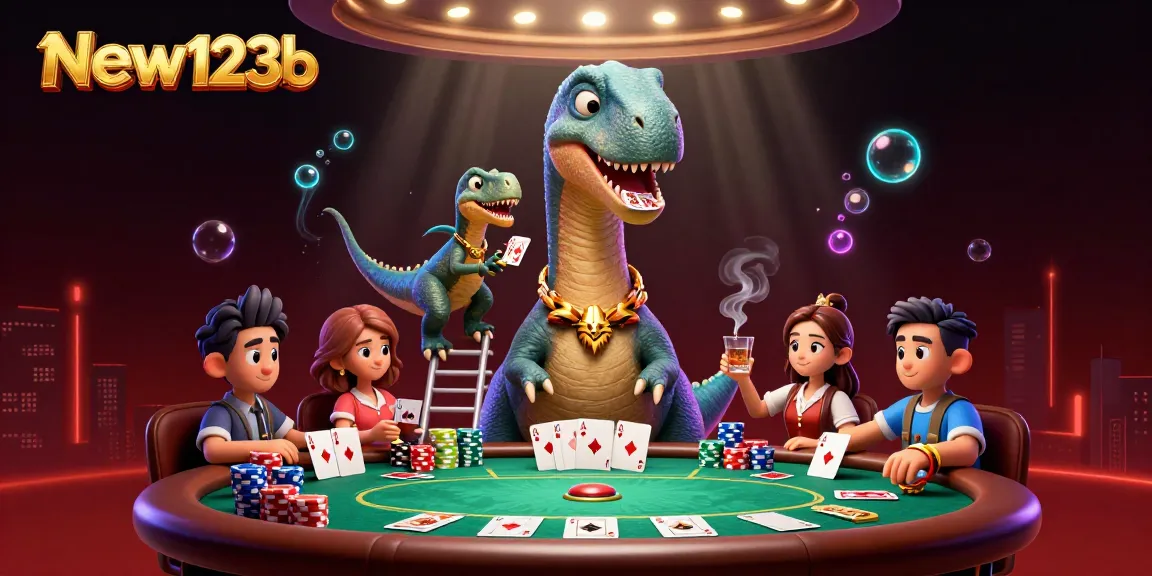 Join the excitement at new123b with a giant brontosaurus overseeing a vibrant casino scene.