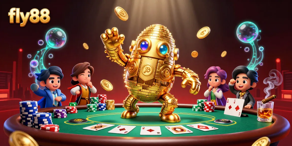 Experience thrilling gameplay at fly88 with a vibrant casino scene featuring poker tables and a golden golem.