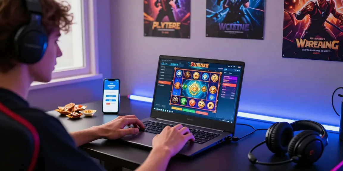 Immersive gaming scene showing playbook88 link on a laptop, creating an engaging online experience.