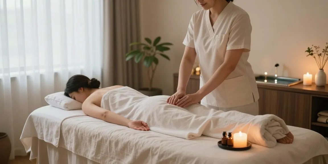 Relaxing massage studio atmosphere promoting 광명출장안마 services with serene lighting and calming setup.